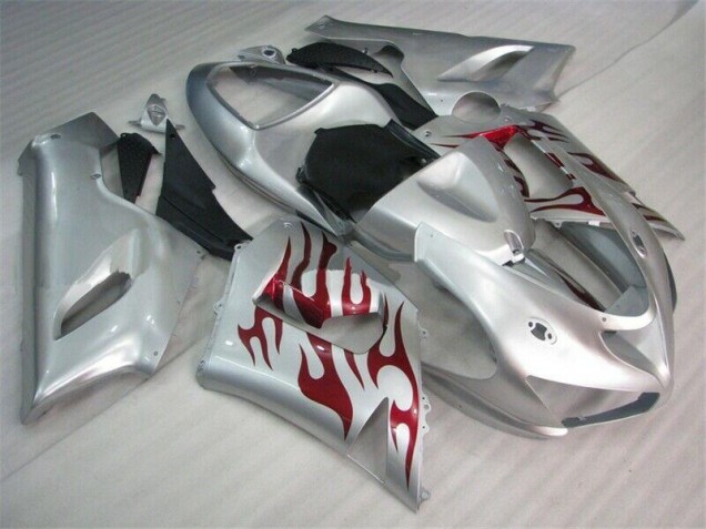 Plata Rojo Llamas Carenado Moto Kawasaki ZX6R 2005-2006 Plata Rojo Llamas Carenado Moto Kawasaki ZX6R 2005-2006